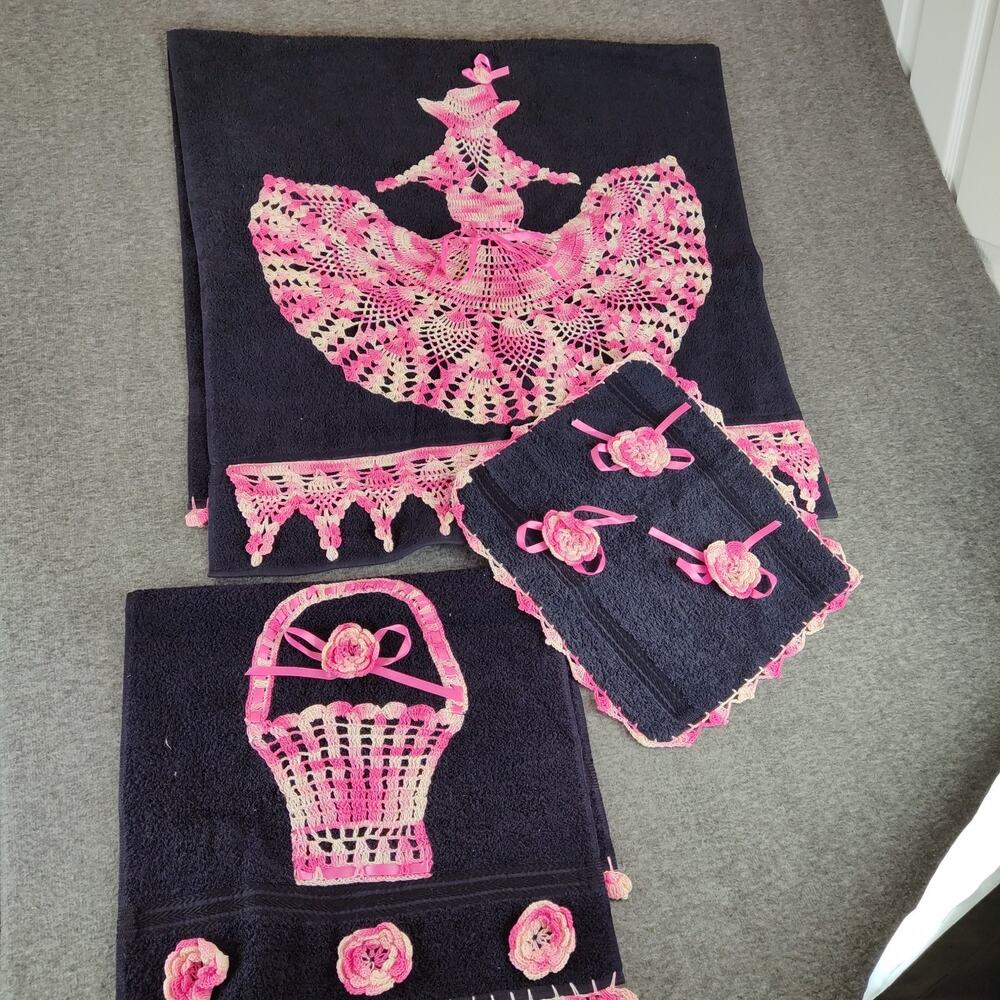 Vintage Lady Pepperell Towel Pink On Black Bath Set Crochet Crinoline Lady